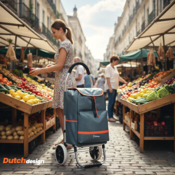Moderner anthrazitfarbener Shopping Trolley im urbanen Einsatz auf dem Wochenmarkt.
