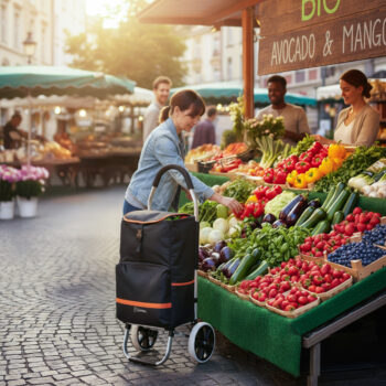 Eleganter schwarzer Premium Shopping Trolley im urbanen Lifestyle-Einsatz auf dem Markt.